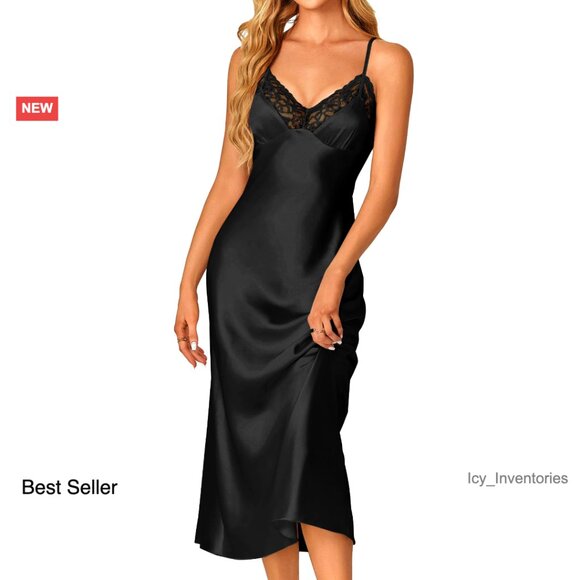 Satin V Neck Lace Trim Chemise Elegant Minimal Chic Nightgown Adjustable Straps